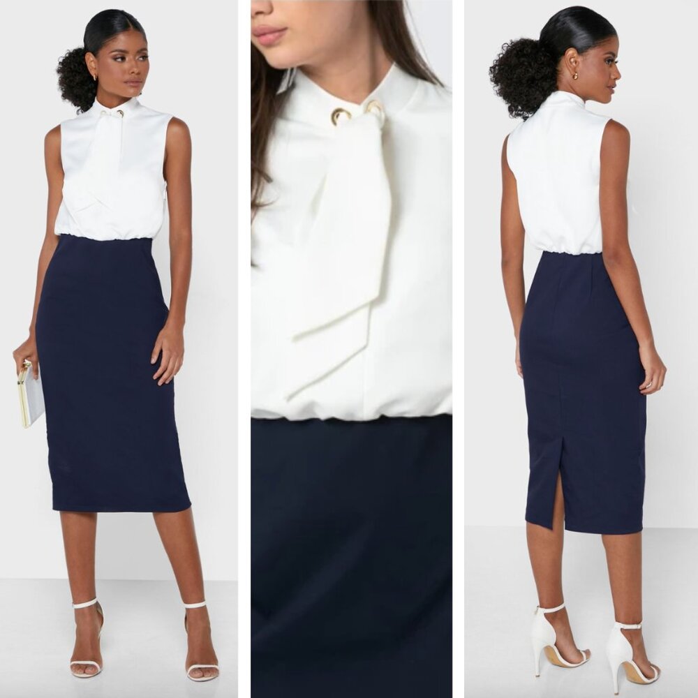 Ted Baker London Oati Mockable Tie Detail Dress Mixed Media Navy White Preppy